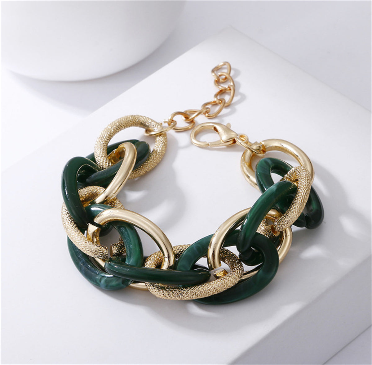 Emerald Acrylic and 18K Gold-Plated Chain Bracelet, gold bracelet for women, dainty minimalist design, front view