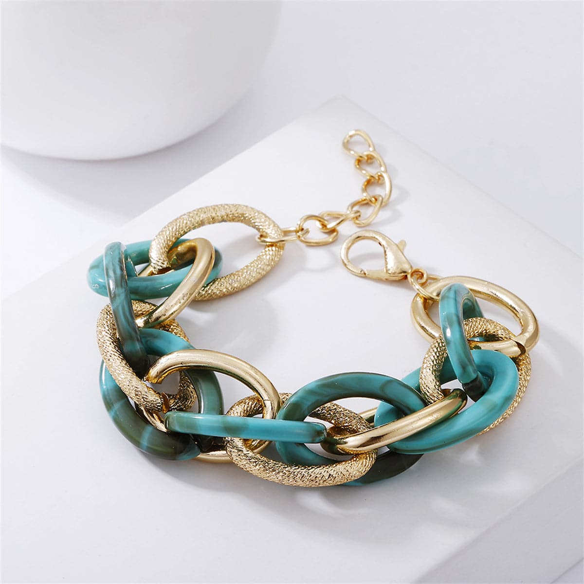 Green Acrylic and 18K Gold-Plated Interlocking Chain Bracelet, gold bracelet for women, botanical inspired, front view