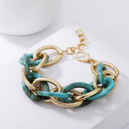 Green Acrylic and 18K Gold-Plated Interlocking Chain Bracelet, gold bracelet for women, botanical inspired, front view