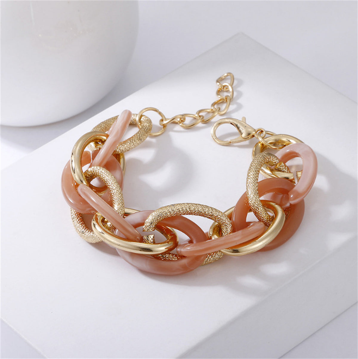 Pink Acrylic and 18K Gold-Plated Interlocking Chain Bracelet, gold bracelet for women, vintage-inspired design, front view