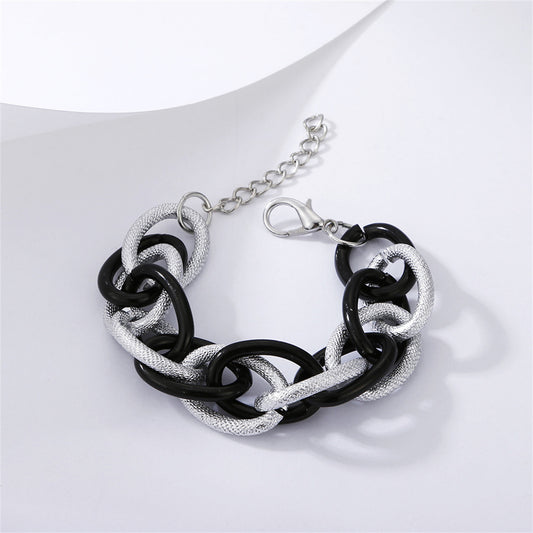 Black Acrylic and Silver-Plated Interlocking Chain Bracelet, silver bracelet for women, everyday style, front view