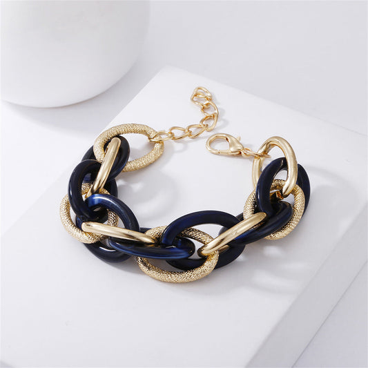 Navy Acrylic and 18K Gold-Plated Interlocking Chain Bracelet, gold bracelet for women, everyday style, front view