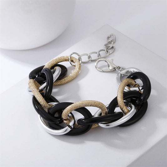 Black Acrylic and Two-Tone Crossing Chain Bracelet, bracelet for women, botanical inspired, front view