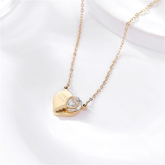 Cubic Zirconia and 18K Gold-Plated 'Lock Love' Heart Pendant Necklace, gold pendant necklace for women, front view