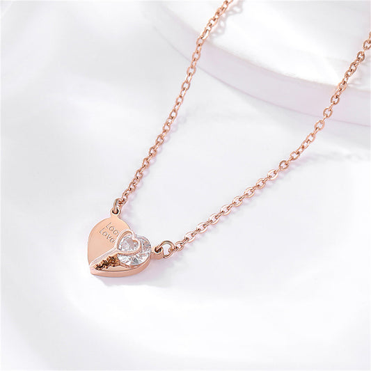 Cubic Zirconia and 18K Rose Gold-Plated 'Lock Love' Heart Pendant Necklace, rose gold pendant necklace for women, front view