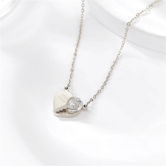 Cubic Zirconia and Silver-Plated 'Lock Love' Heart Pendant Necklace, silver pendant necklace for women, front view
