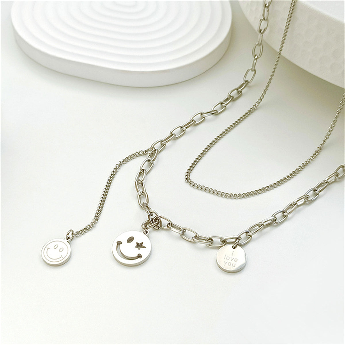 Silver-Plated 'I Love You' Smiley Drop Layered Necklace, silver pendant necklace for women, everyday style, front view