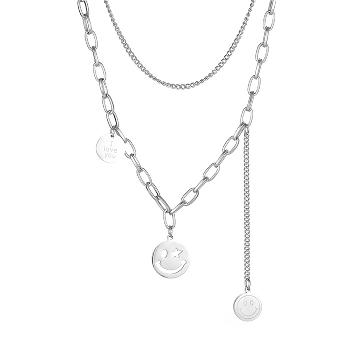 Silver-Plated 'I Love You' Smiley Drop Layered Necklace