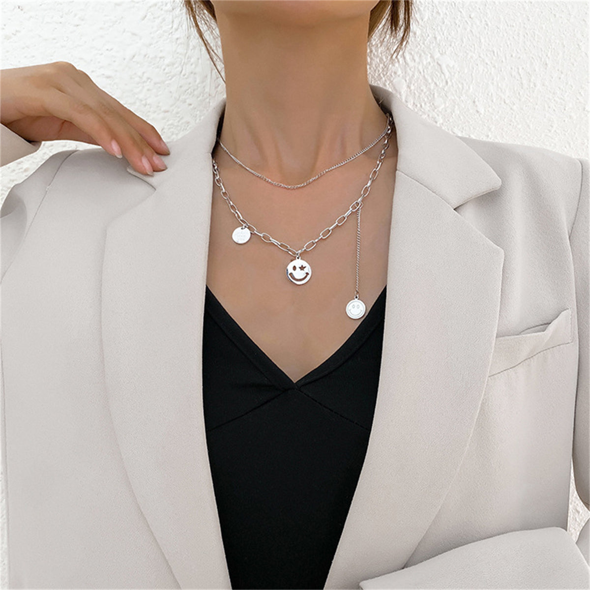 Silver-Plated 'I Love You' Smiley Drop Layered Necklace, silver pendant necklace for women, everyday style, detail close-up