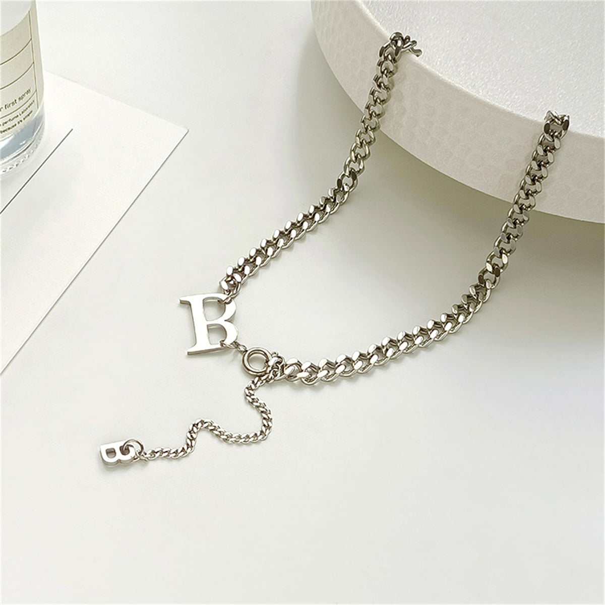 Silver-Plated 'B' Drop Necklace, silver pendant necklace for women, elegant gift for her, front view