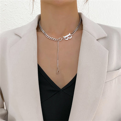 Silver-Plated 'B' Drop Necklace, silver pendant necklace for women, elegant gift for her, detail close-up