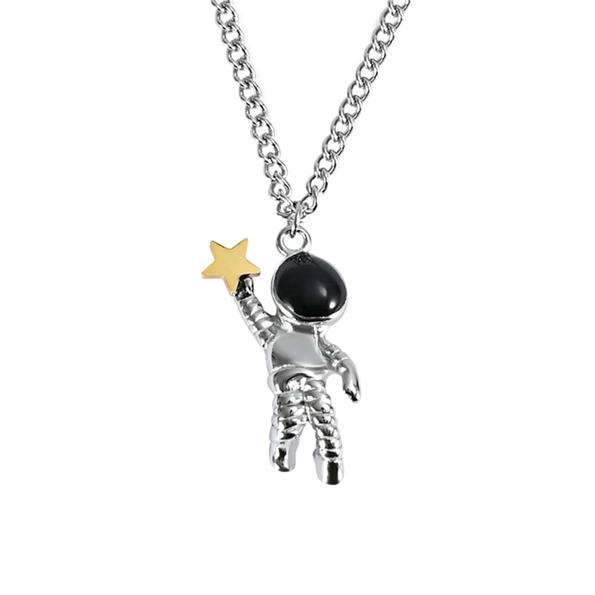 Black Enamel and Two Tone Astronaut Star Pendant Necklace, pendant necklace for women, dainty minimalist design, front view