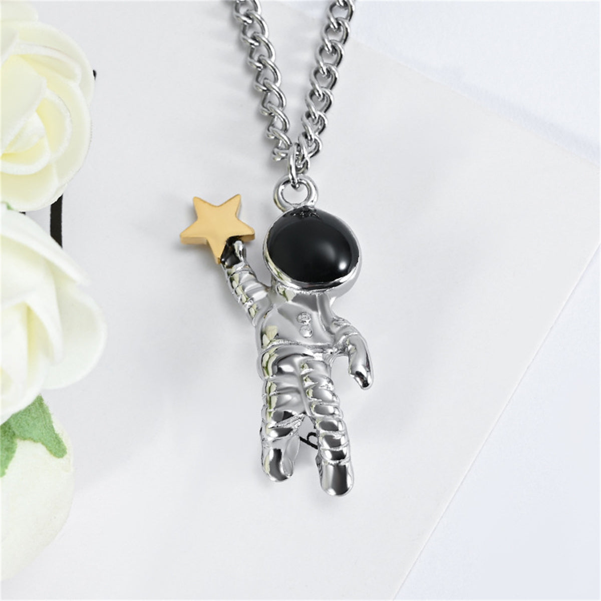 Black Enamel and Two Tone Astronaut Star Pendant Necklace, pendant necklace for women, dainty minimalist design, side view