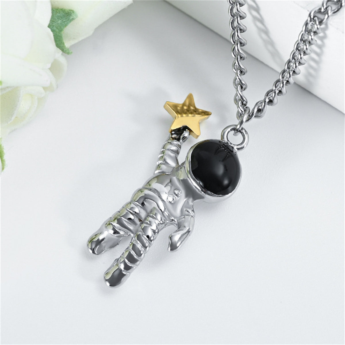 Black Enamel and Two Tone Astronaut Star Pendant Necklace, pendant necklace for women, dainty minimalist design, styled look