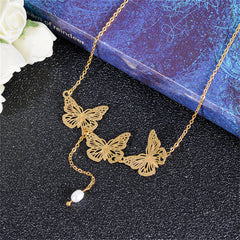 Pearl & 18K Gold-Plated Tri-Butterflies Pendant Necklace