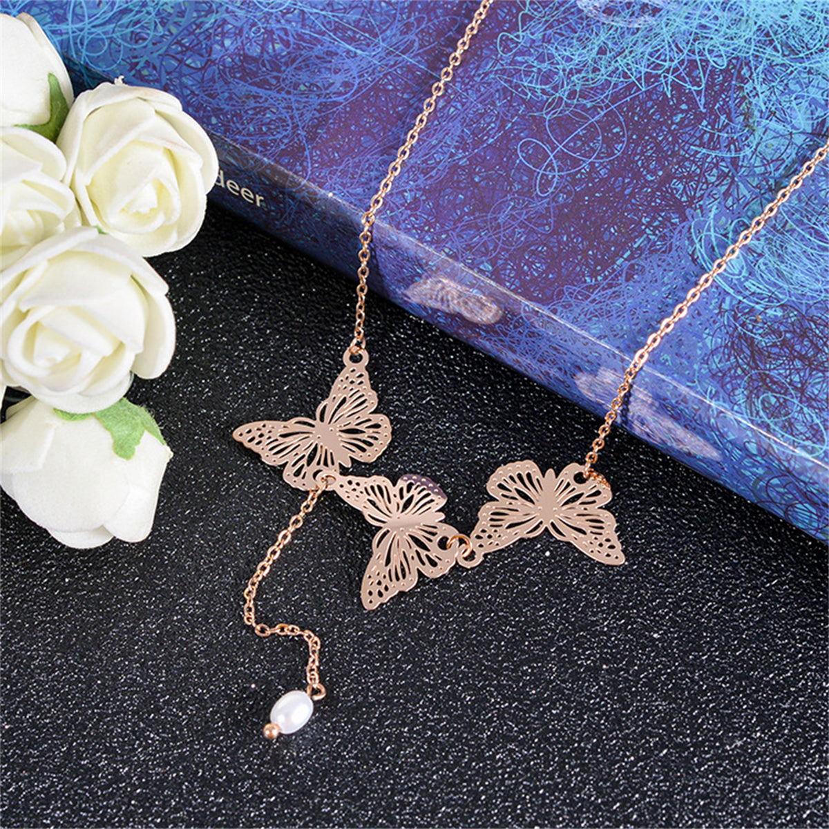 Pearl & 18K Rose Gold-Plated Tri-Butterflies Pendant Necklace