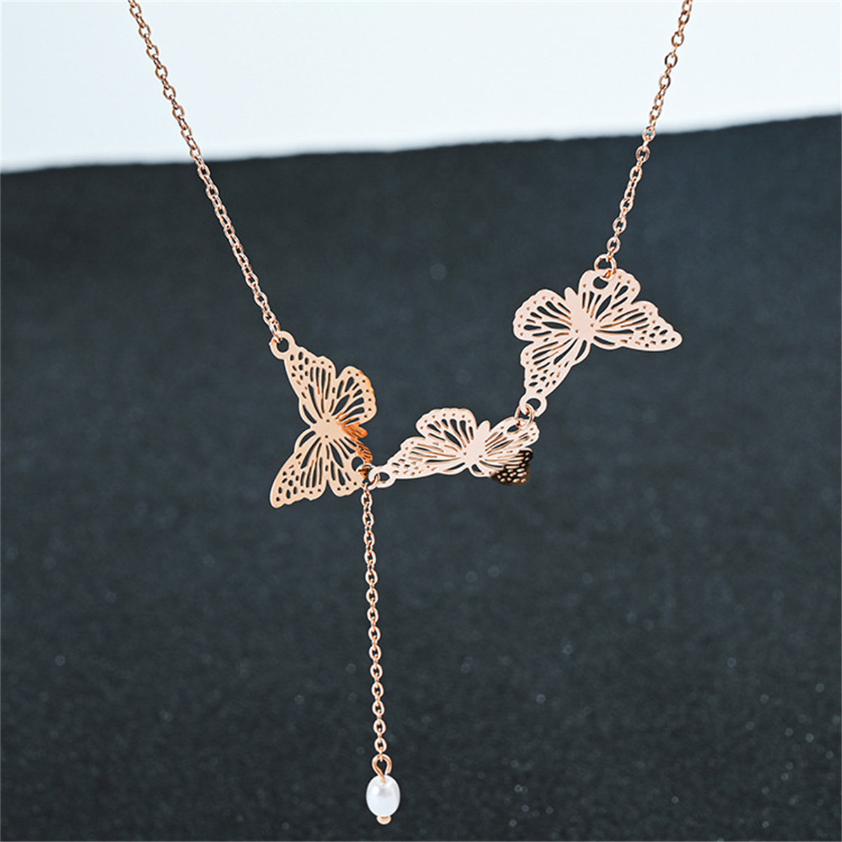 Pearl & 18K Rose Gold-Plated Tri-Butterflies Pendant Necklace