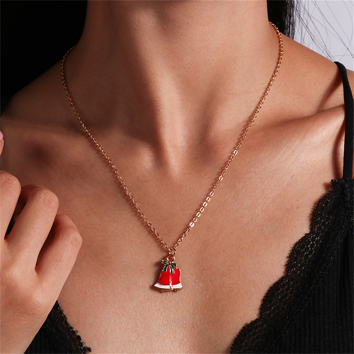 Red and White Bell Pendant Necklace, pendant necklace for women, dainty minimalist design, front view