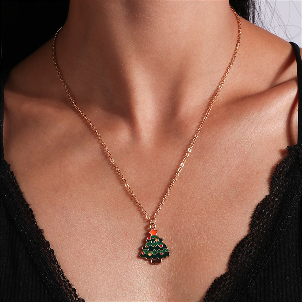 Green Enamel and 18K Gold-Plated Christmas Tree Pendant Necklace, gold pendant necklace for women, front view