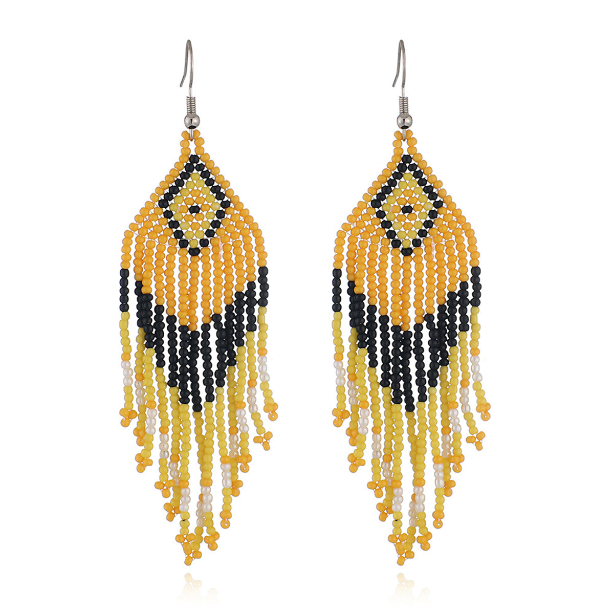 Yellow & Black Howlite Rhombus Tassel Drop Earrings
