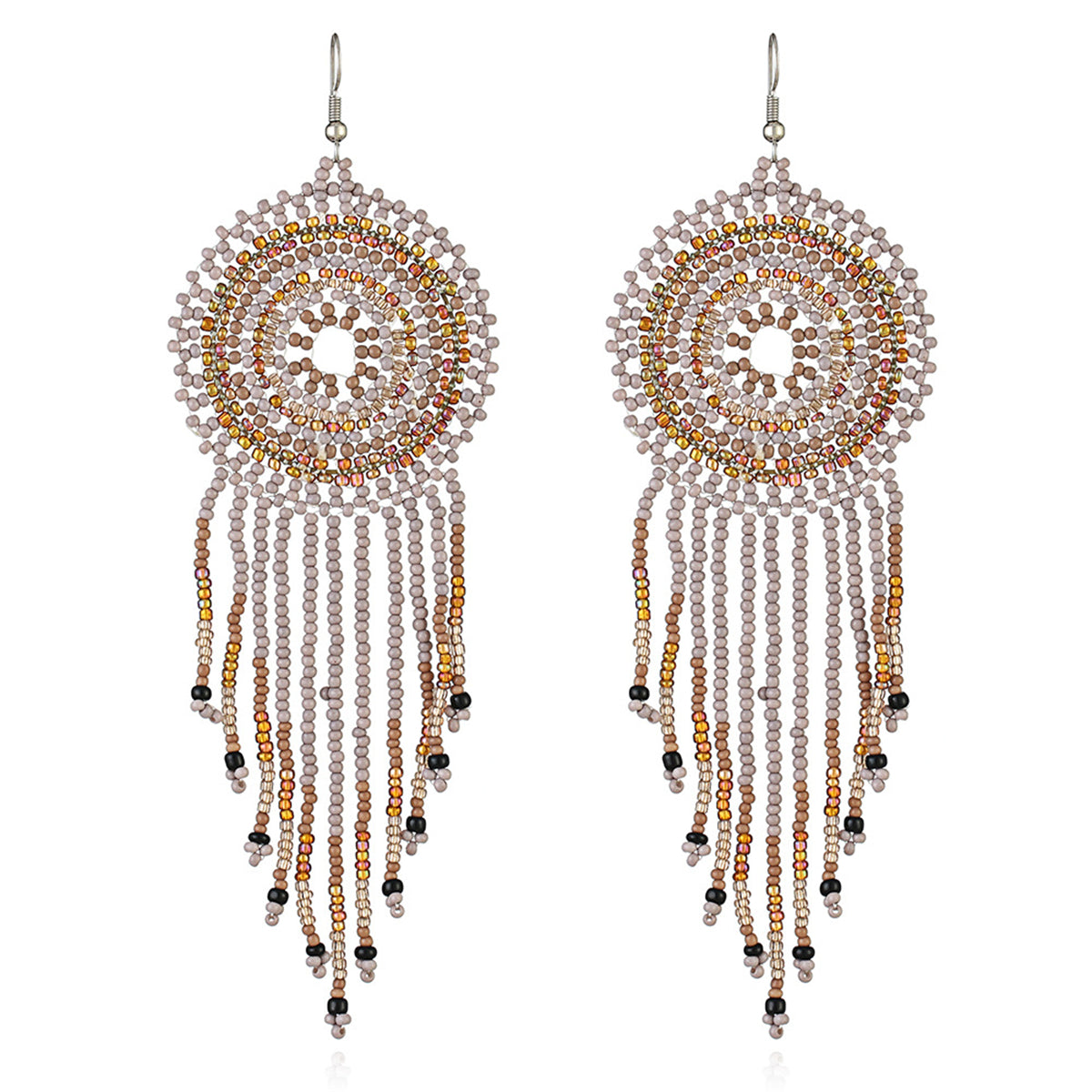Brown and Black Howlite Round Tassel Drop Earrings, drop earrings for women, everyday style, front view