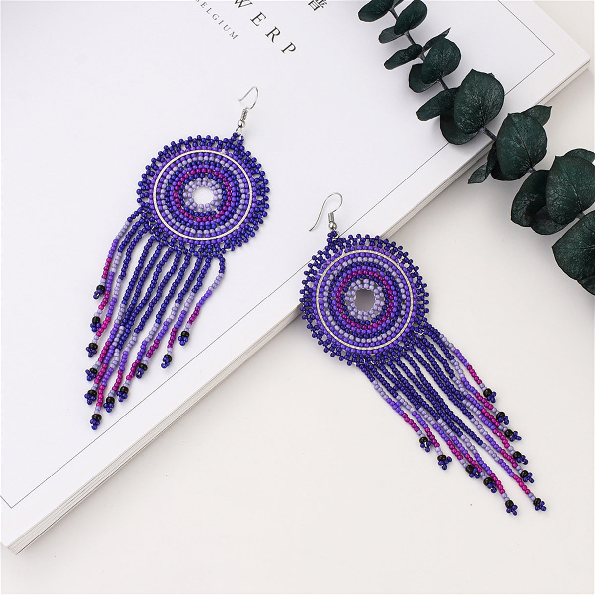 Purple & Lavender Howlite Round Tassel Drop Earrings