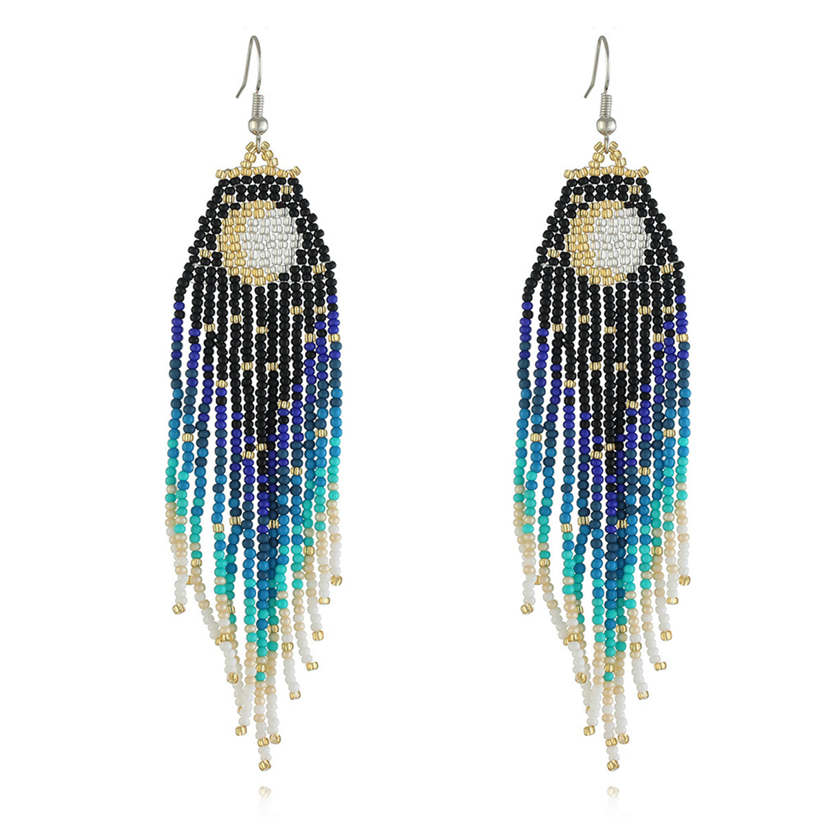 Black and Blue Howlite Sun Tassel Drop Earrings, drop earrings for women, dainty minimalist design, front view