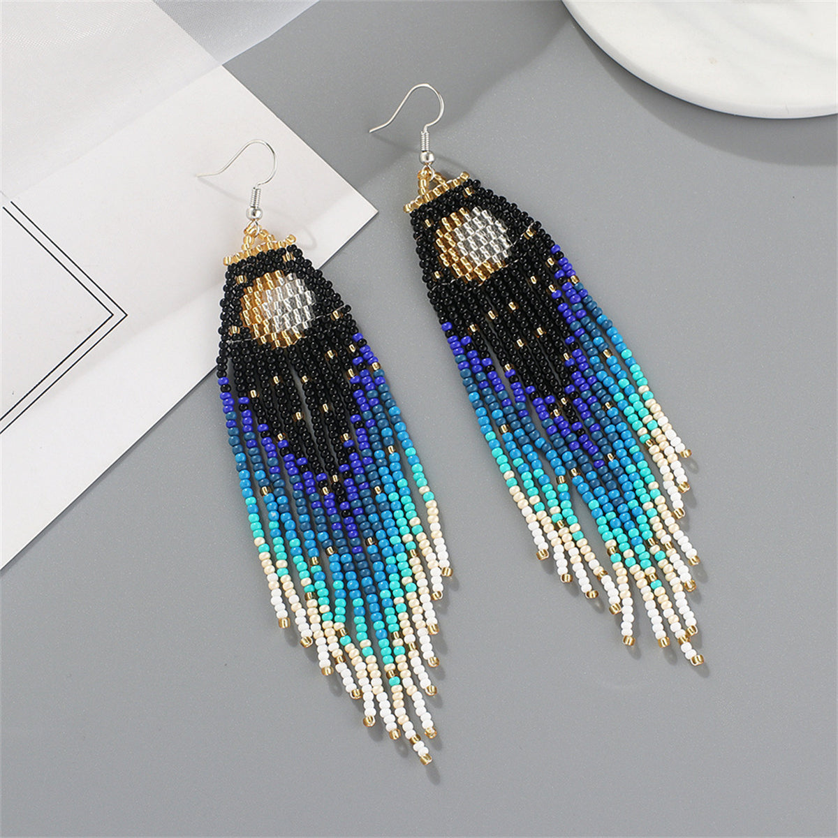 Black and Blue Howlite Sun Tassel Drop Earrings, drop earrings for women, dainty minimalist design, detail close-up