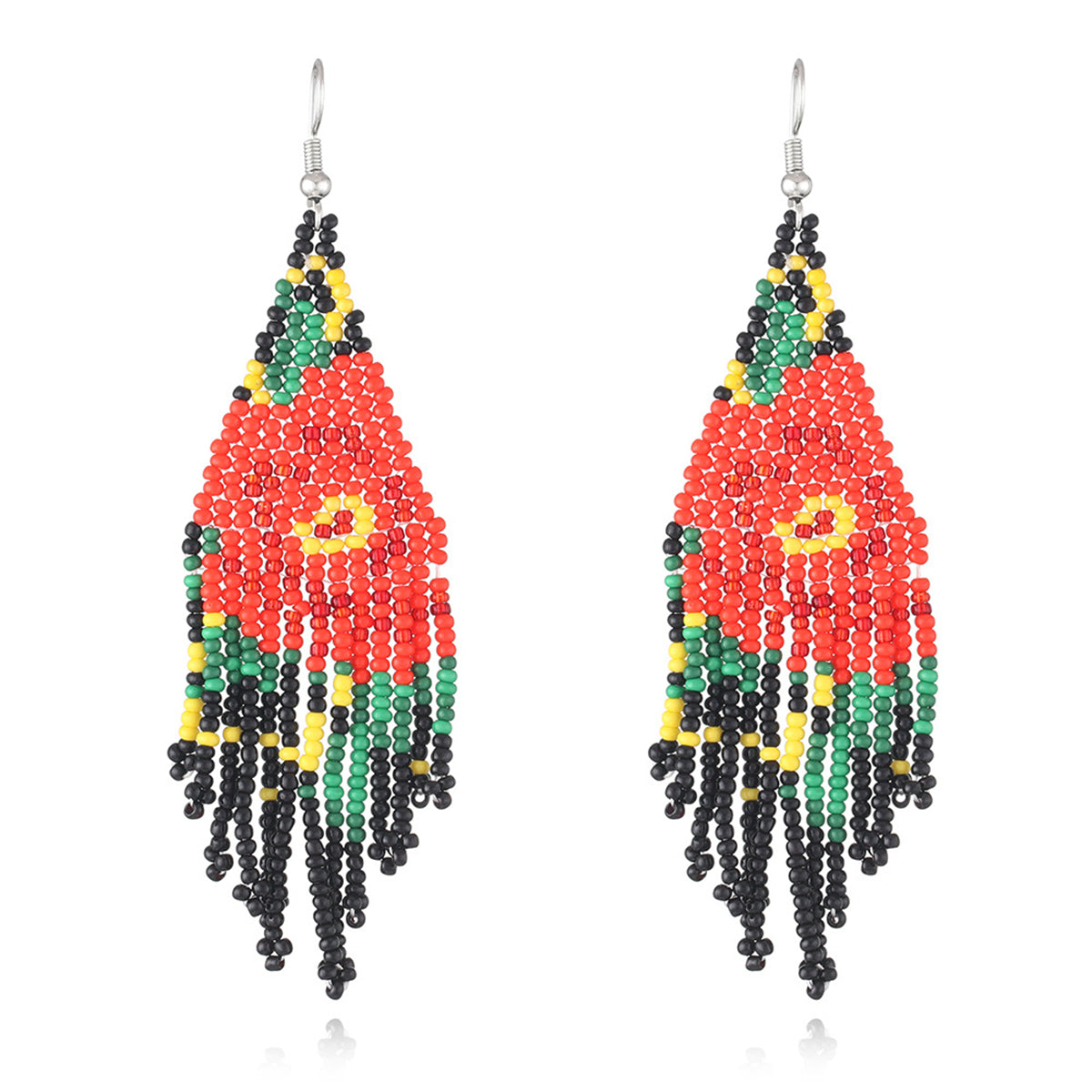 Black Howlite and Silver-Plated Beaded Drop Earrings, silver drop earrings for women, botanical inspired, front view