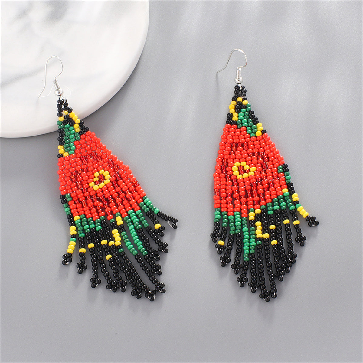 Black Howlite and Silver-Plated Beaded Drop Earrings, silver drop earrings for women, botanical inspired, detail close-up