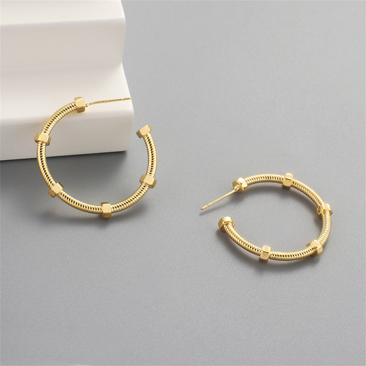 18K Gold-Plated Screw Hoop Earrings, botanical inspired, front view