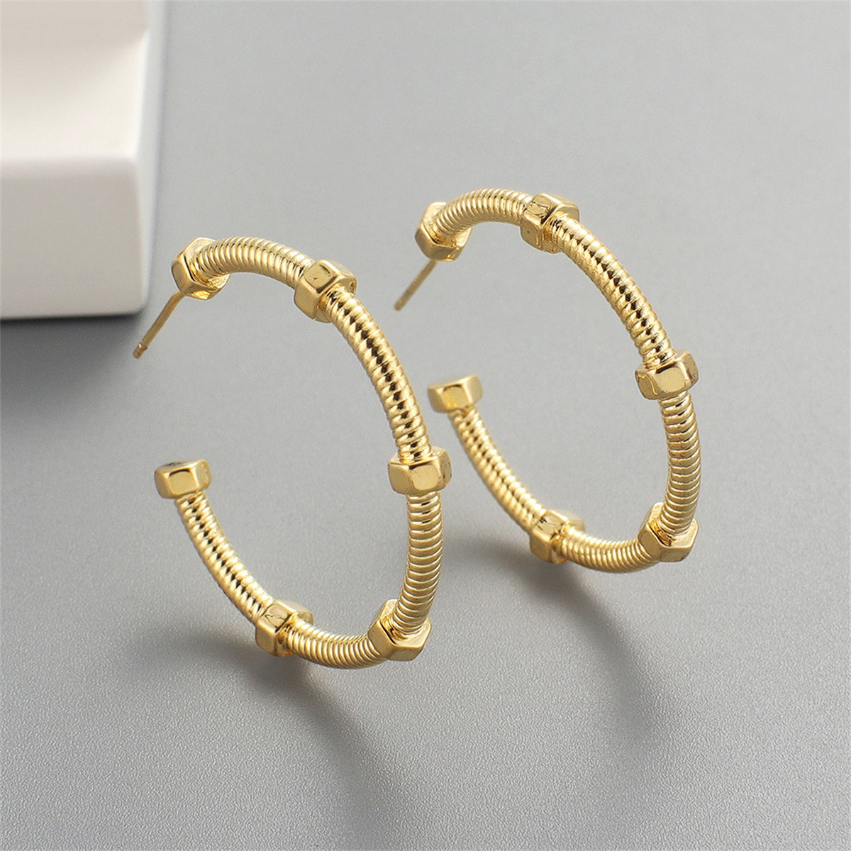 18K Gold-Plated Screw Hoop Earrings, botanical inspired, detail close-up