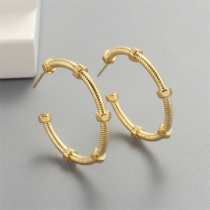 18K Gold-Plated Screw Hoop Earrings, botanical inspired, detail close-up