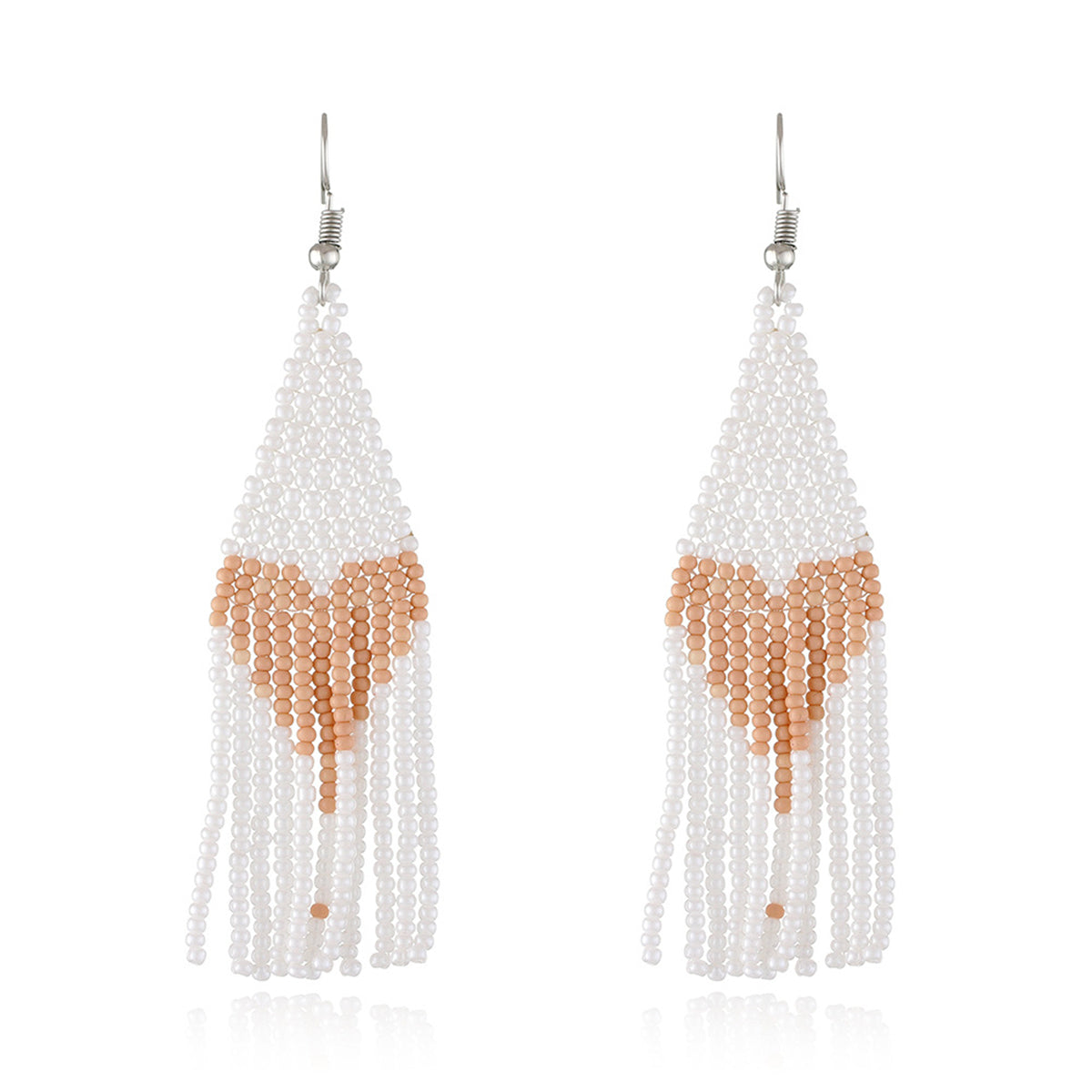 White Howlite and Silver-Plated Heart Tassel Drop Earrings, silver drop earrings for women, front view