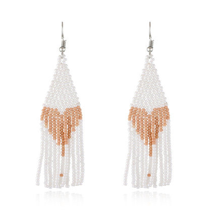 White Howlite and Silver-Plated Heart Tassel Drop Earrings, silver drop earrings for women, front view