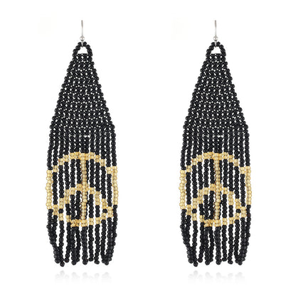 Black and Champagne Peace Sign Beaded Drop Earrings, drop earrings for women, everyday style, front view