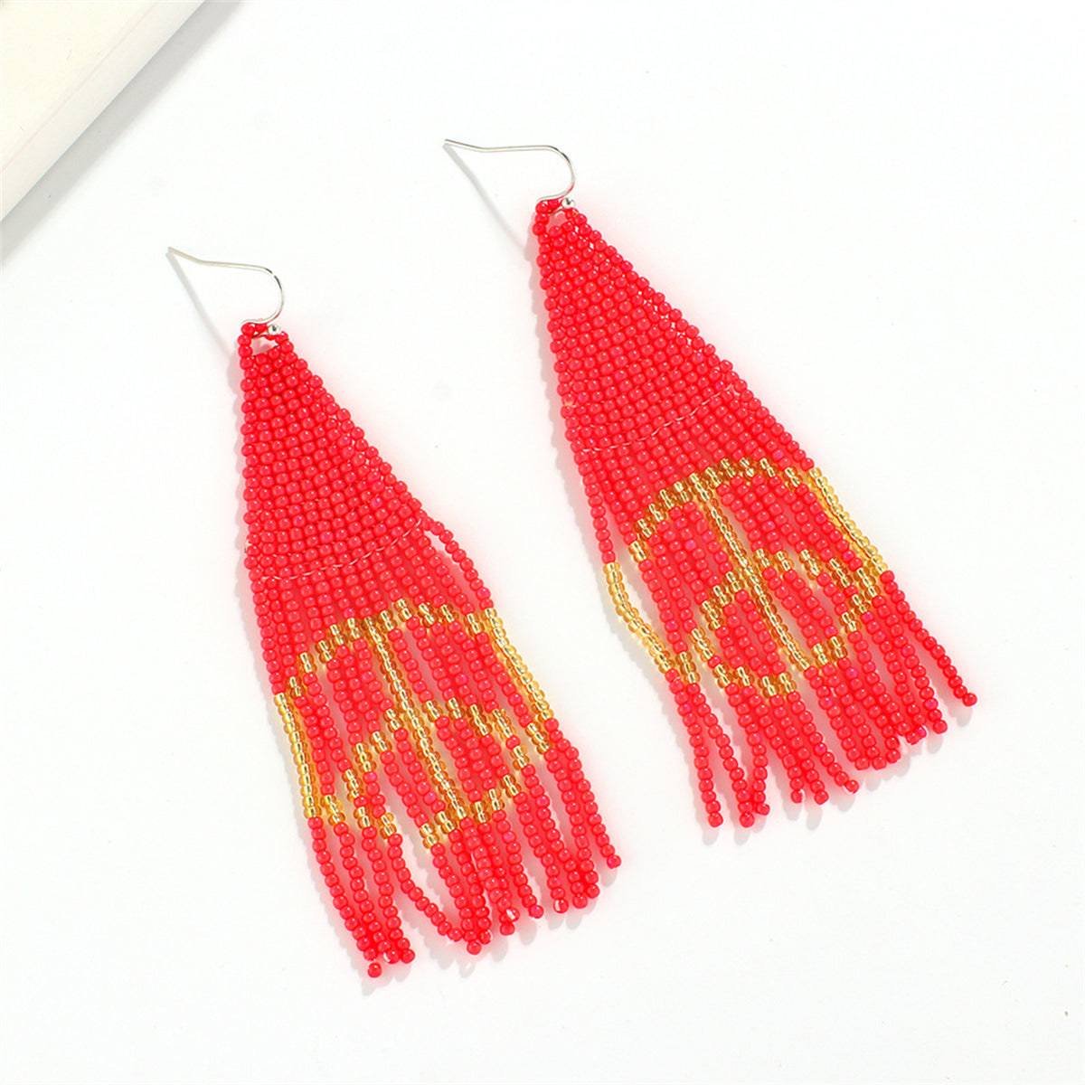 Red & White Howlite Peace Sign Tassel Drop Earrings