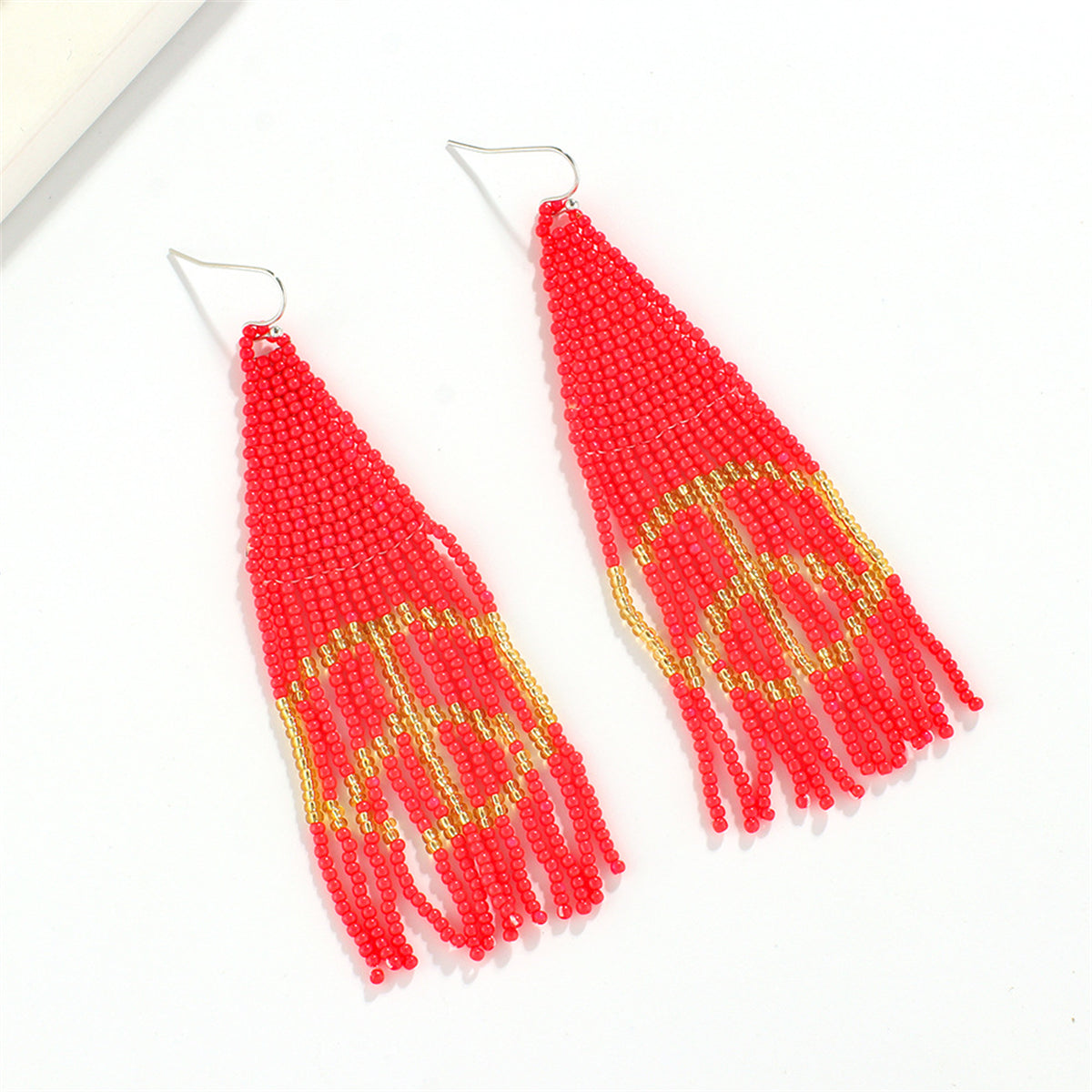 Red and White Howlite Peace Sign Tassel Drop Earrings, drop earrings for women, botanical inspired, side view
