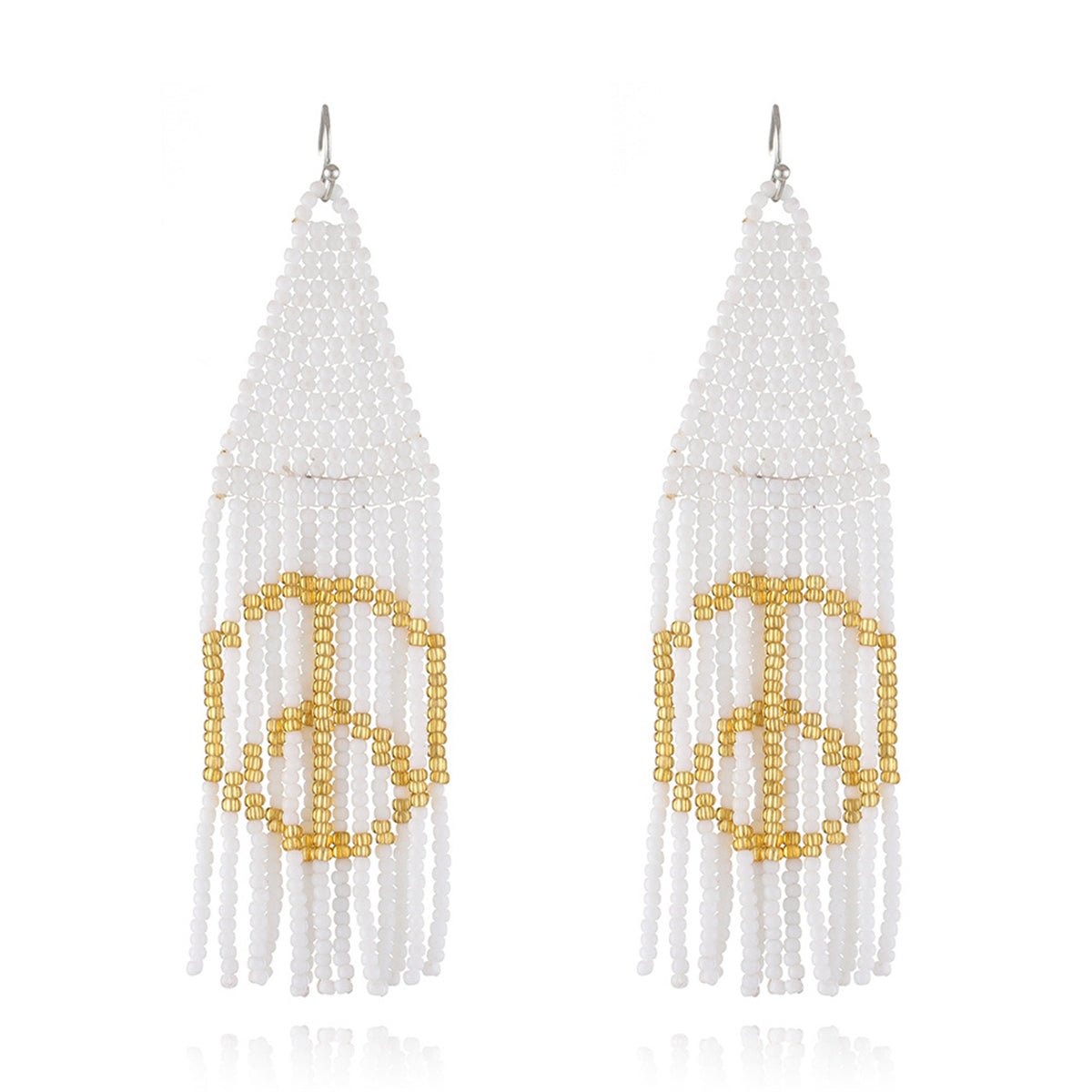 White Howlite Peace Sign Tassel Drop Earrings, drop earrings for women, vintage-inspired design, front view