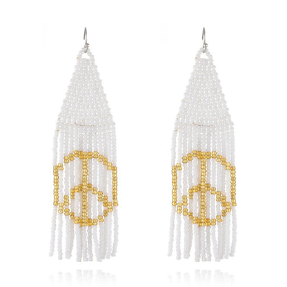 White Howlite Peace Sign Tassel Drop Earrings, drop earrings for women, vintage-inspired design, front view