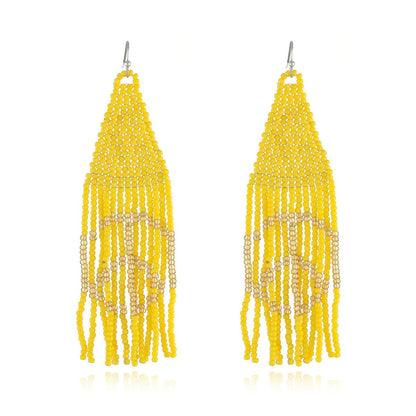 Yellow and Champagne Peace Sign Beaded Drop Earrings, drop earrings for women, vintage-inspired design, front view