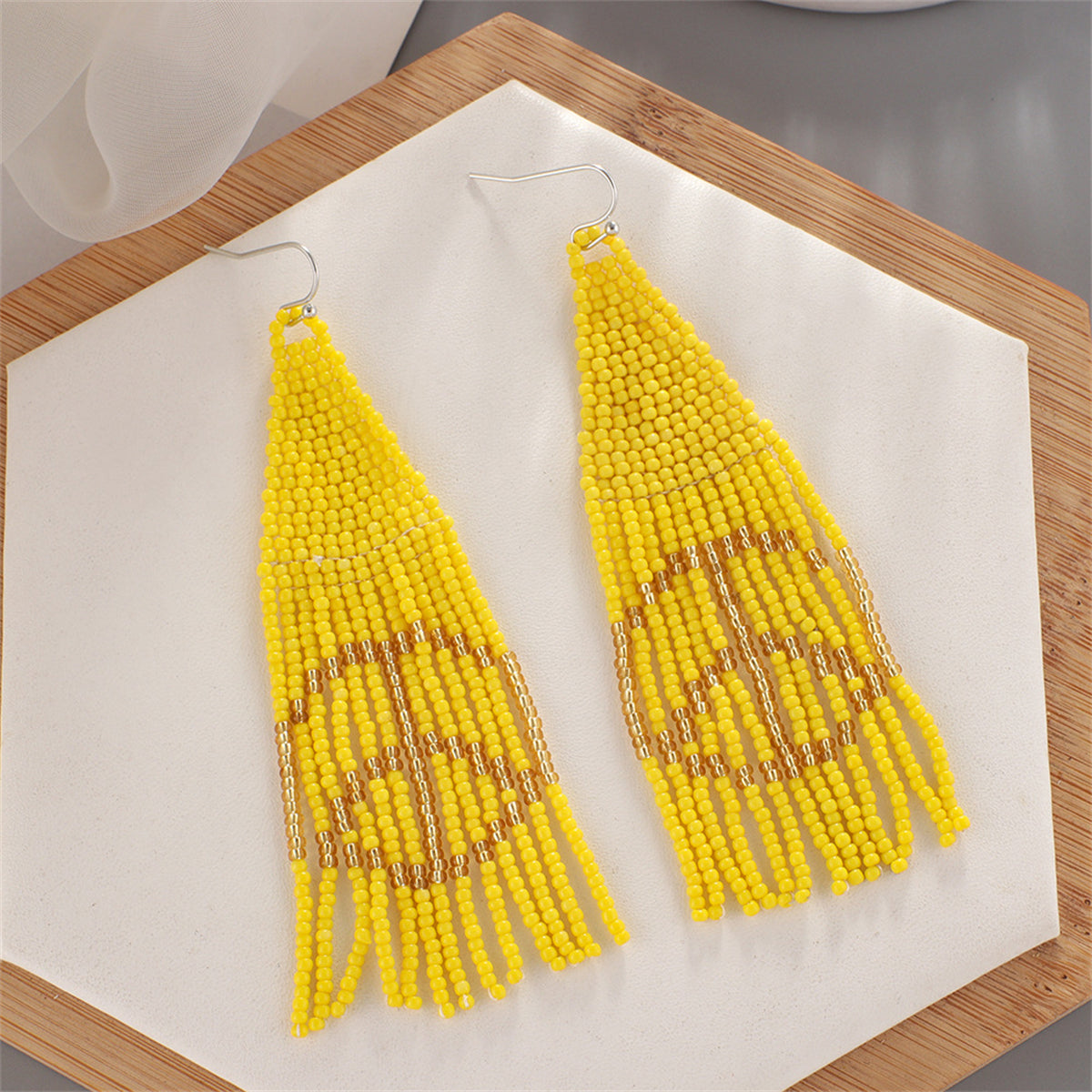 Yellow and Champagne Peace Sign Beaded Drop Earrings, drop earrings for women, vintage-inspired design, side view