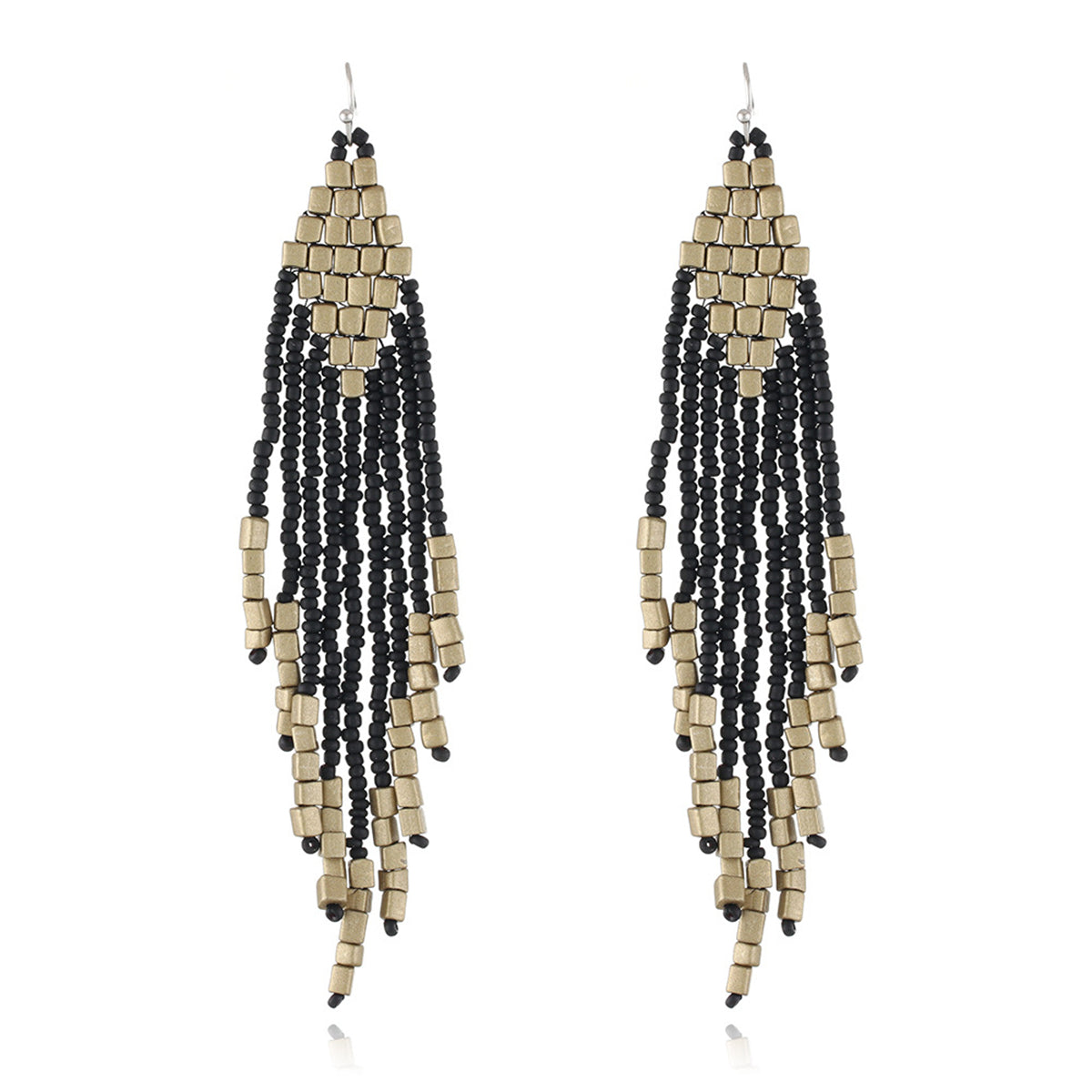 Black and Champagne Tassel Beaded Drop Earrings, drop earrings for women, dainty minimalist design, front view