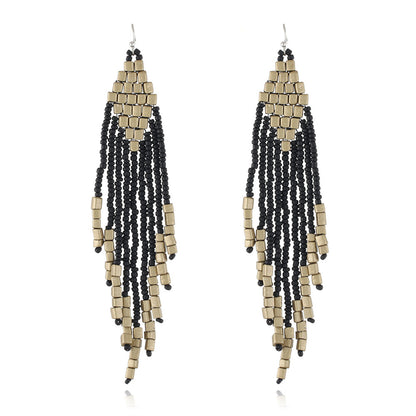 Black and Champagne Tassel Beaded Drop Earrings, drop earrings for women, dainty minimalist design, front view