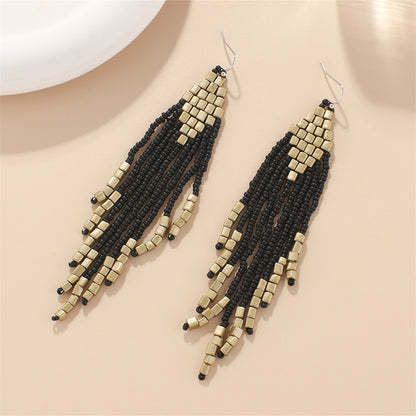 Black and Champagne Tassel Beaded Drop Earrings, drop earrings for women, dainty minimalist design, side view