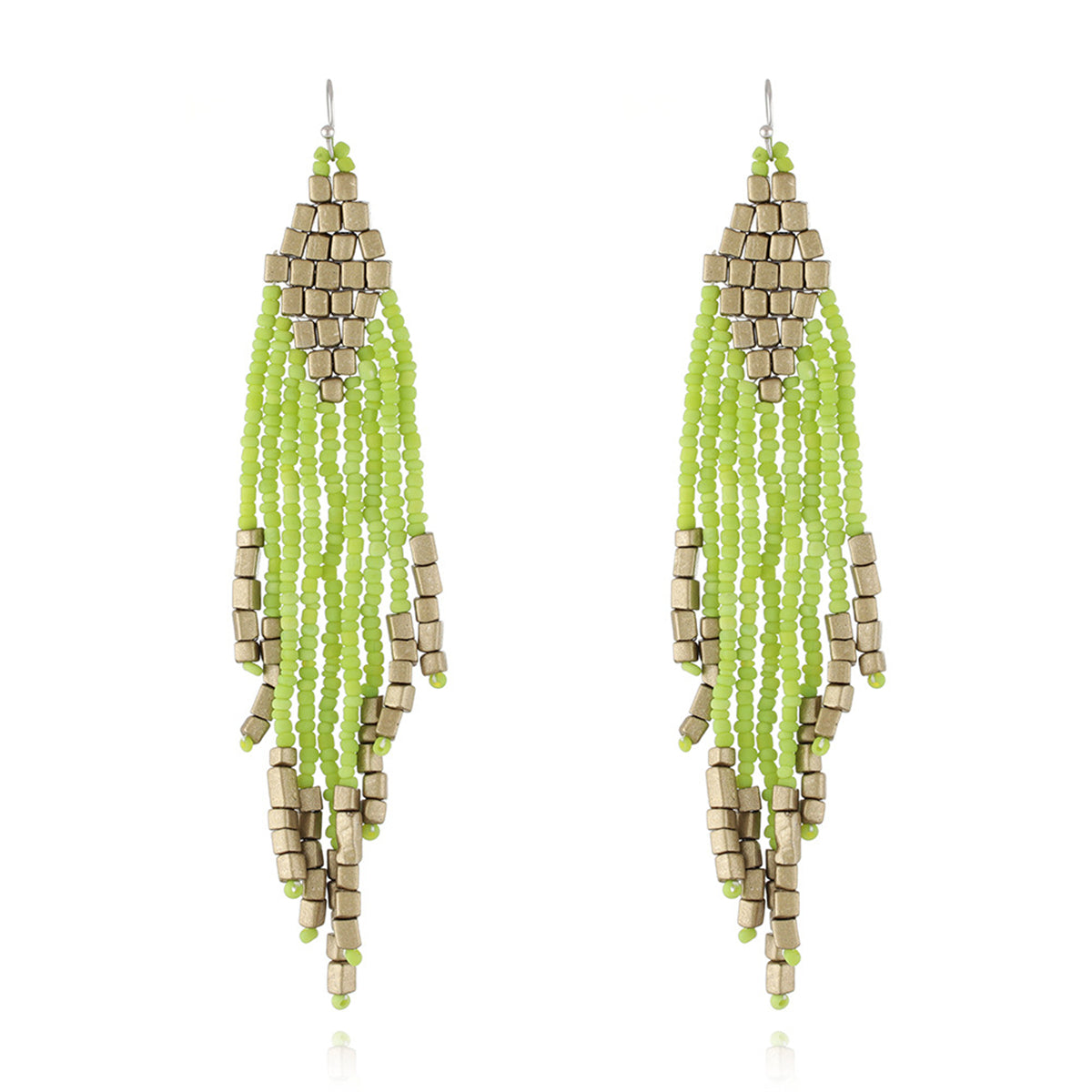 Green Tassel Beaded Drop Earrings, drop earrings for women, everyday style, front view
