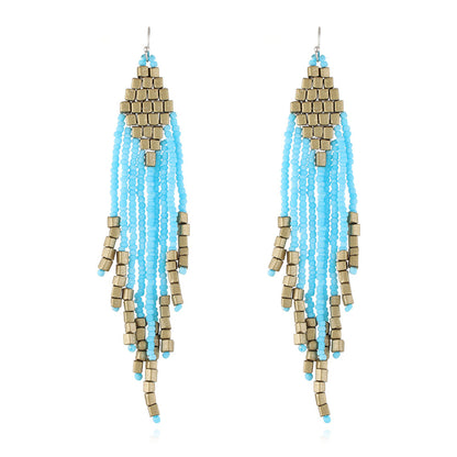 Sea Blue Tassel Beaded Drop Earrings, drop earrings for women, everyday style, front view