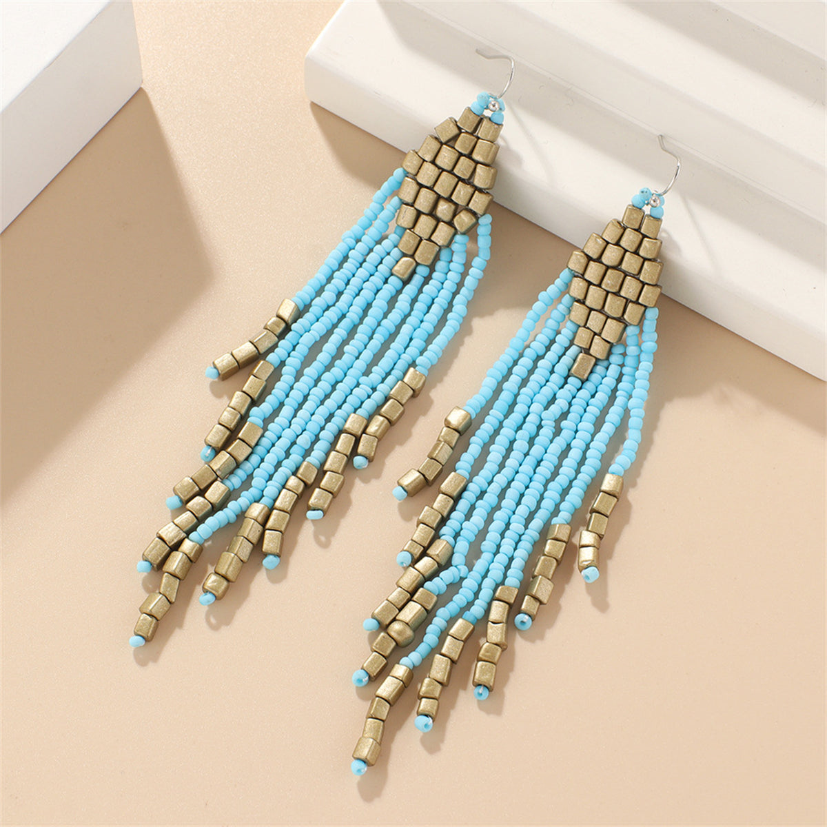 Sea Blue Tassel Beaded Drop Earrings, drop earrings for women, everyday style, side view