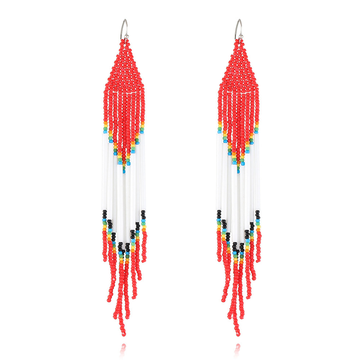Red and White Howlite Geometric Tassel Drop Earrings, drop earrings for women, elegant gift for her, front view