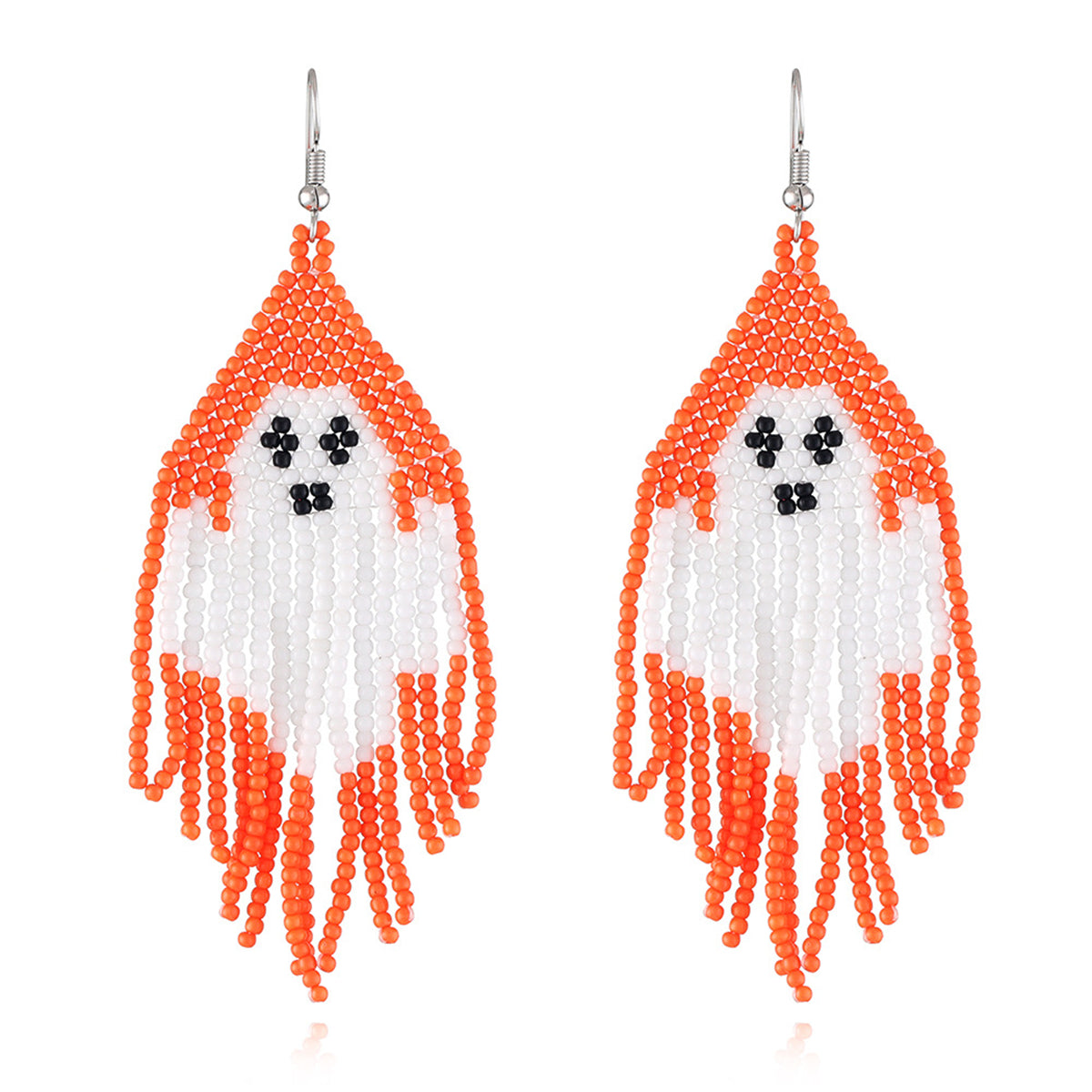 Orange Howlite and Silver-Plated Ghost Tassel Drop Earrings, silver drop earrings for women, botanical inspired, front view